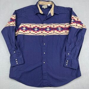 Express Rider Mens XL Navy Blue‎ Southwestern Aztec Print Western Snap Shirt 90s